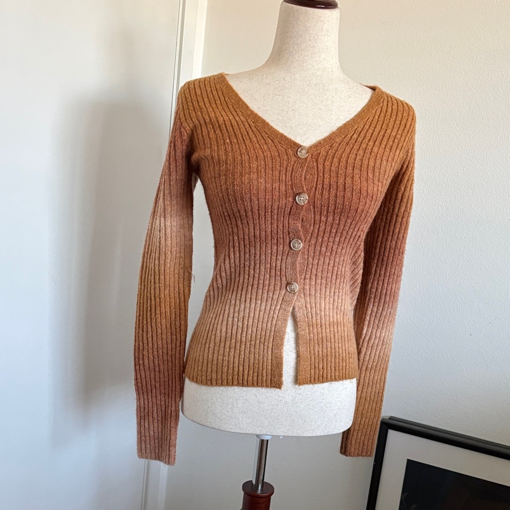 V-Neck Ombre Ribbed Cardigan Sweater